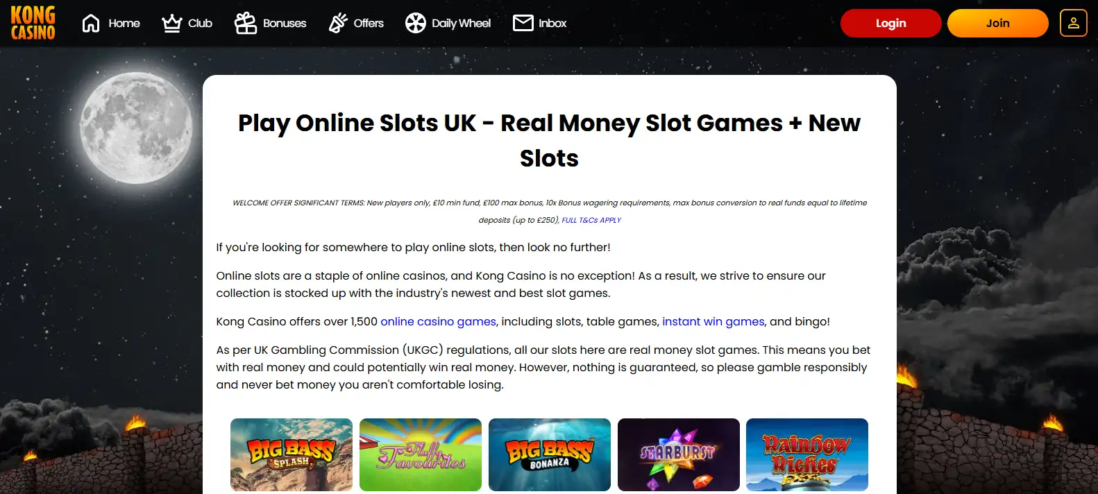 Kong Casino official online slots page showing current slot titles