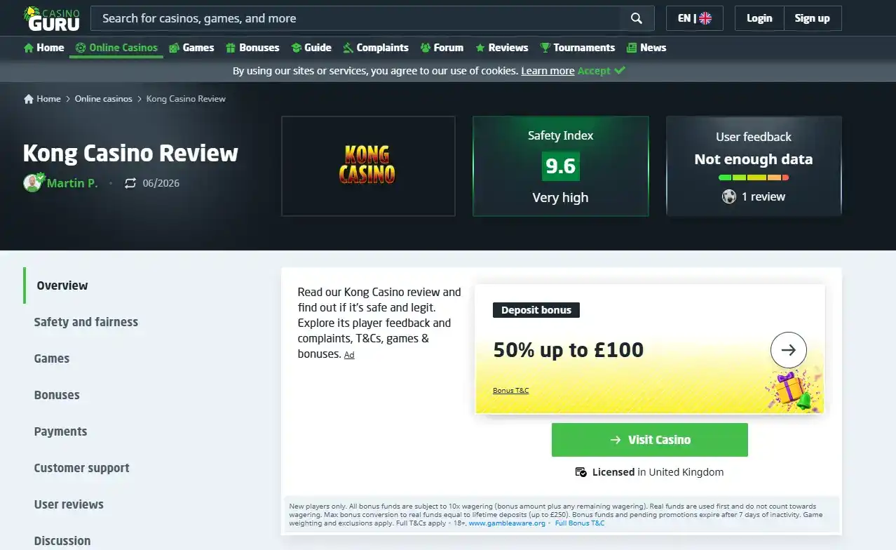Casino Guru Kong Casino review showing the June 2026 Safety Index