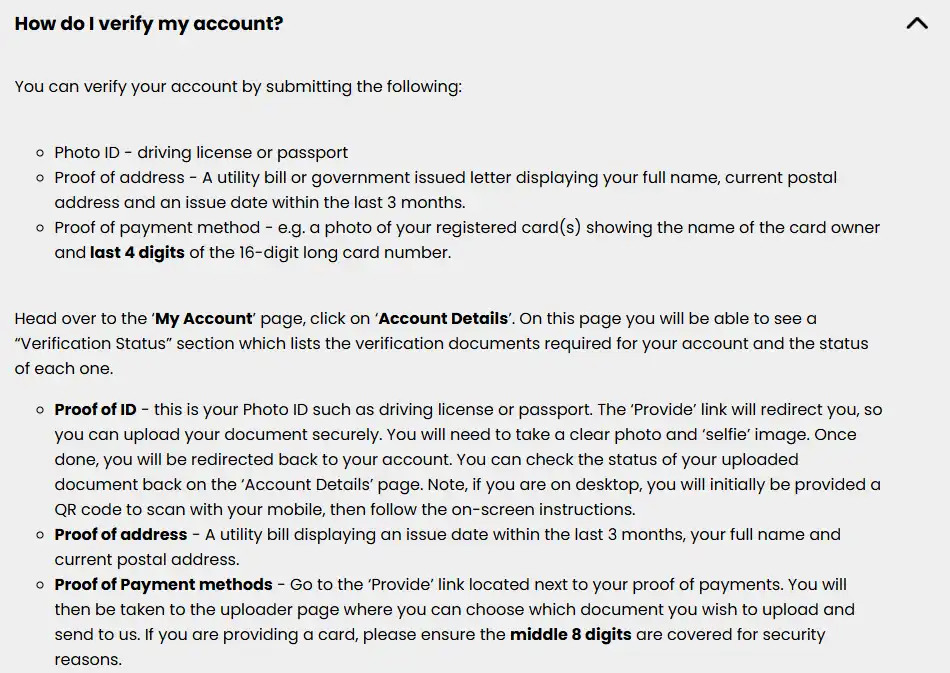 Official Kong Casino FAQ section showing verification document requirements