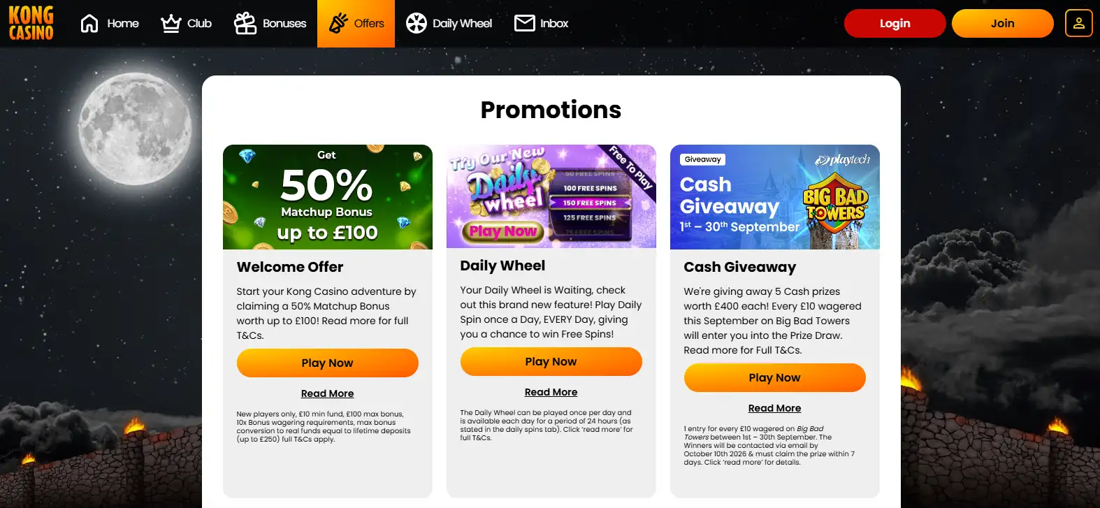 Current Kong Casino promotions page showing live promotion cards and significant terms