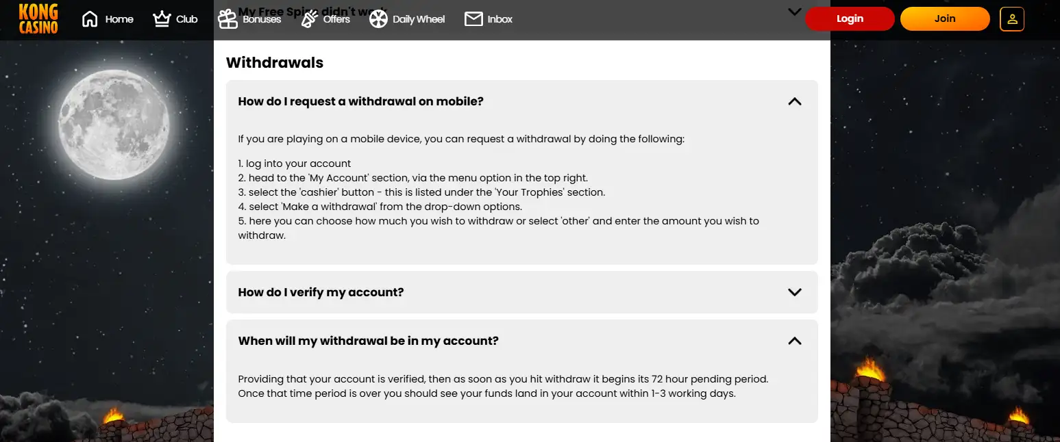 Kong Casino official FAQ withdrawal section showing the 72-hour pending period