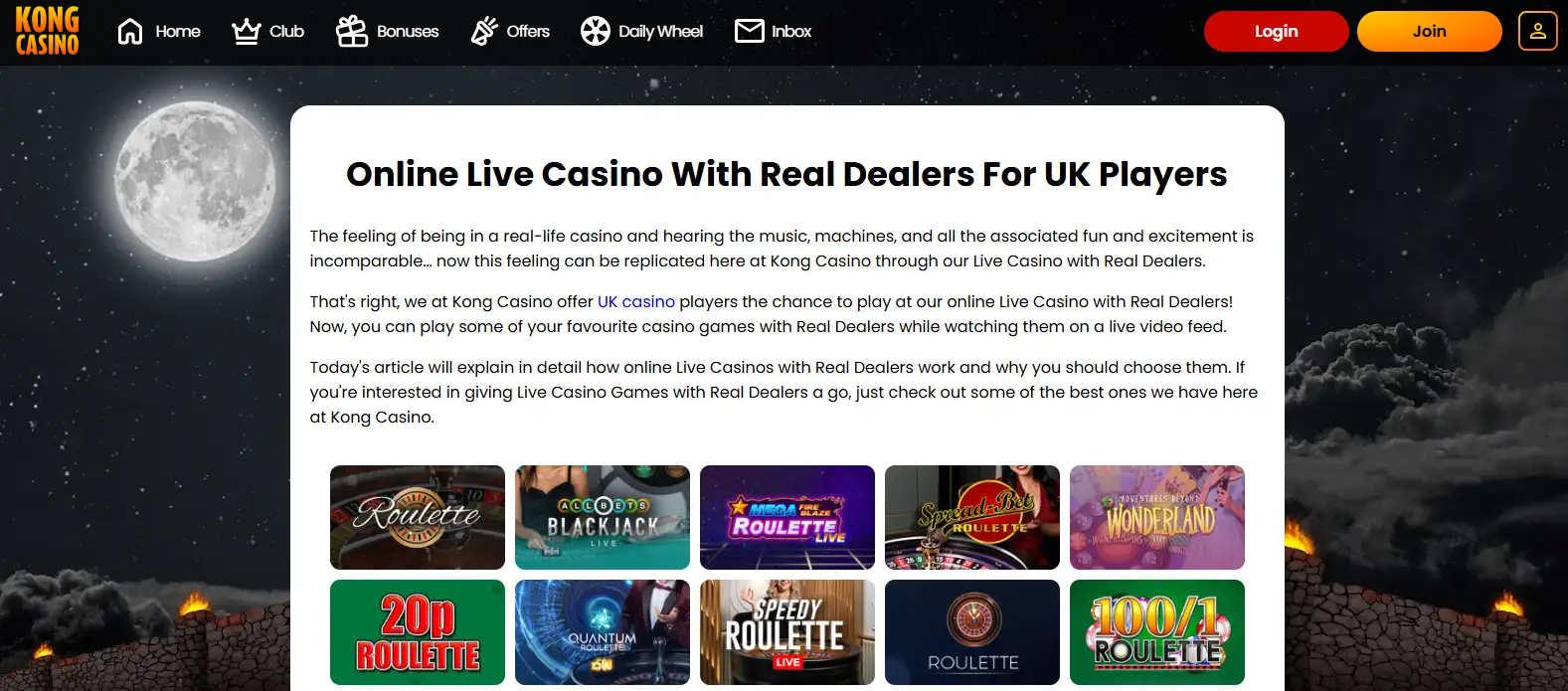 Kong Casino official live casino page showing current real-dealer game titles