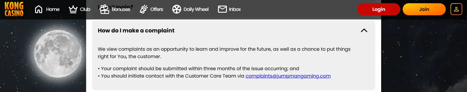 Kong Casino FAQ section showing the official complaint email and complaint submission guidance