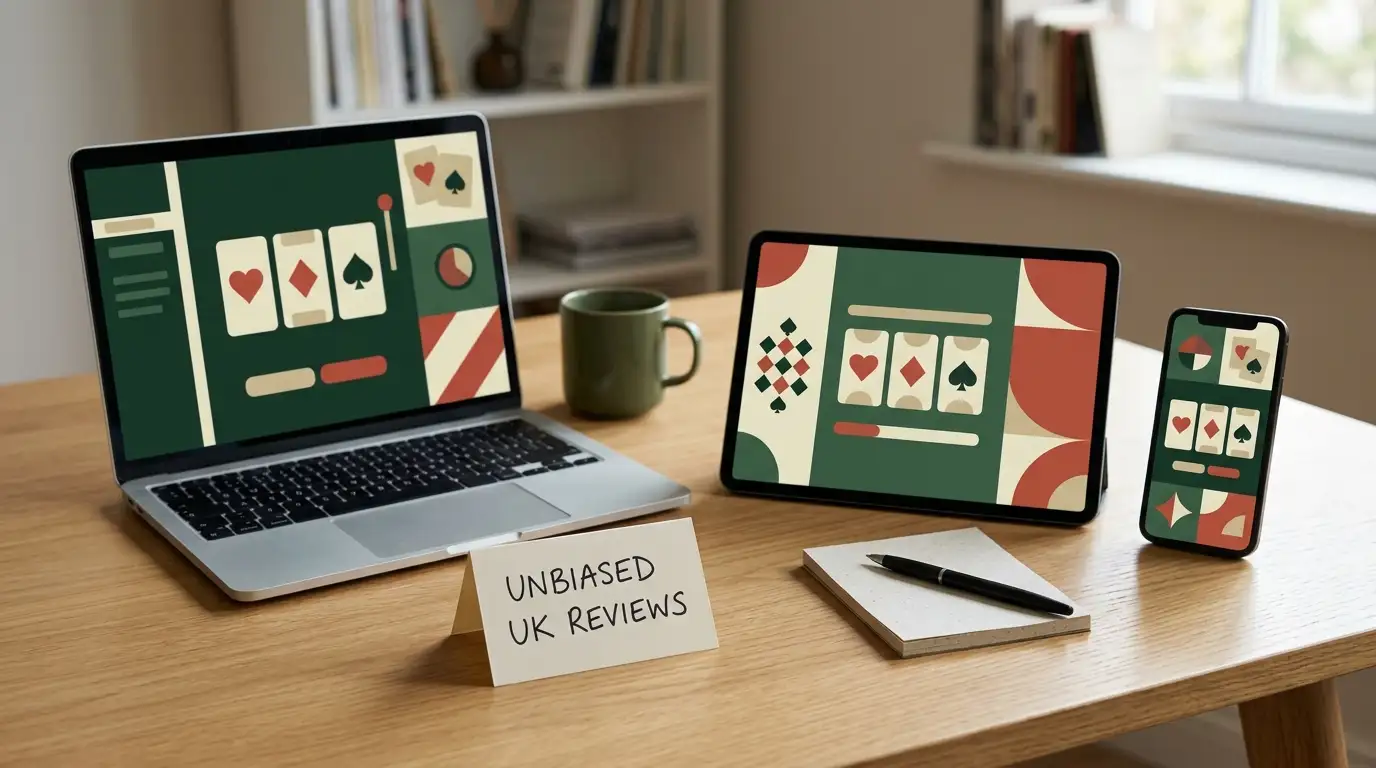 Editorial illustration of a UK online casino review shown across desktop and mobile devices