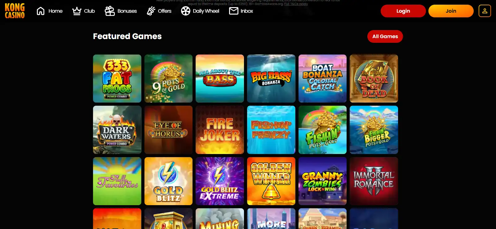 Kong Casino homepage and lobby showing the current brand presentation